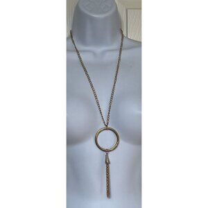 Gold Tone Fringed Hoop Pendant Double Clasp Chain Necklace 25 Inches Mod Fashion